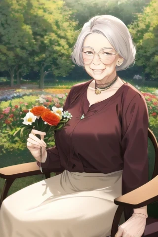 फूल, हंसी, वृद्ध महिला